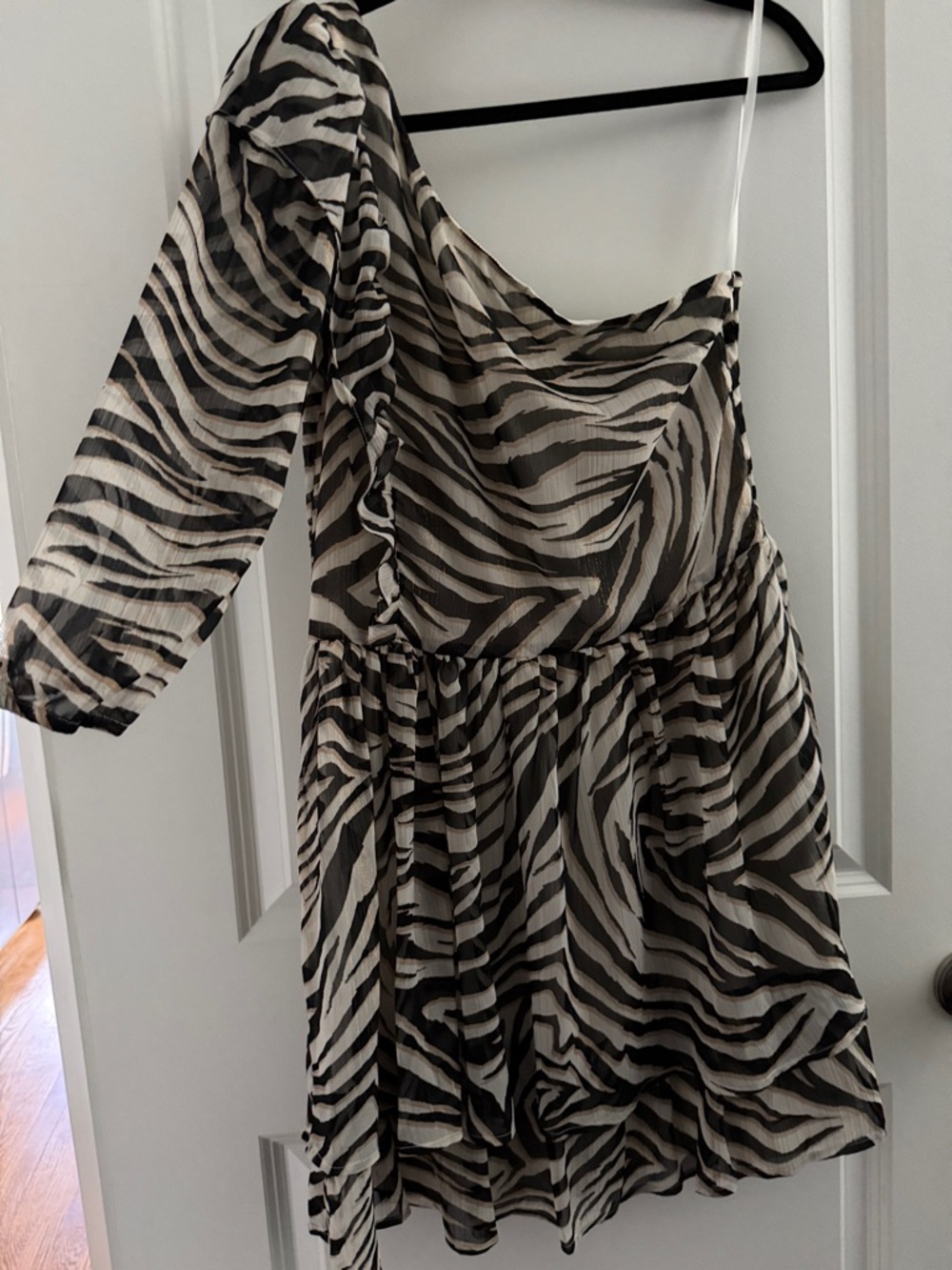 Express by Rachel Zoe One-Shoulder Zebra Print Mini Dress in Black and Cream